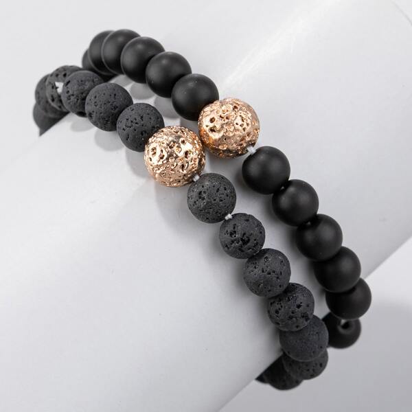 

2pcs Men Round Beaded Bracelet, Multicolor