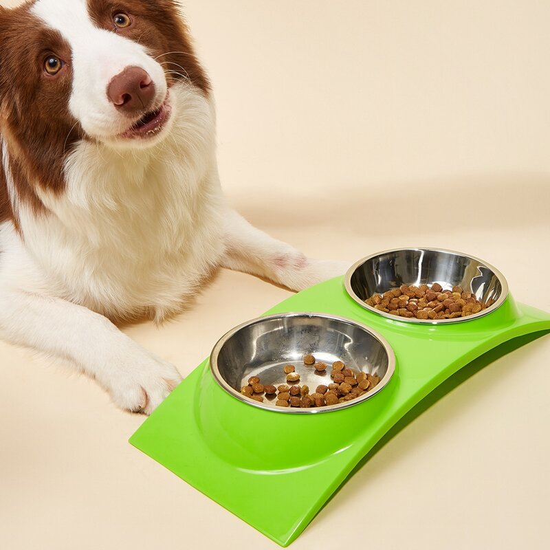 

1pc Double Grid Arched Pet Bowl, Green