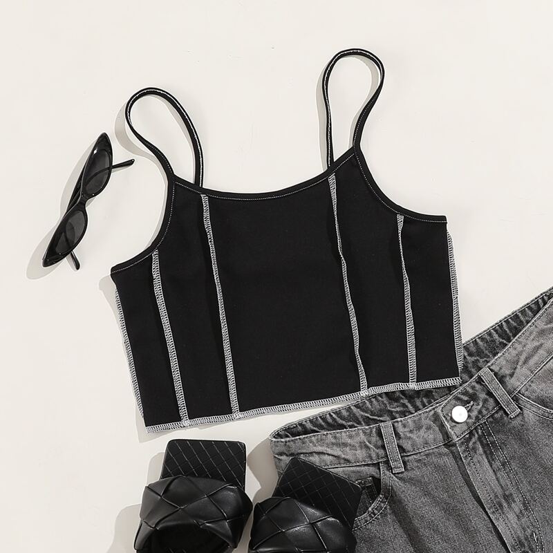 

Contrast Topstitching Cami Top, Black