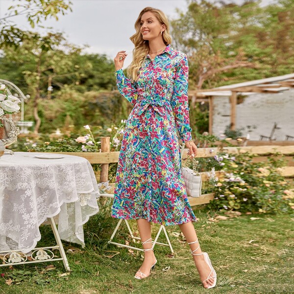 

Allover Floral Belted Shirt Dress, Multicolor