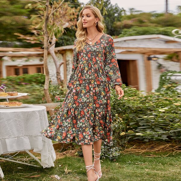 

Floral Bishop Sleeve Ruffle Hem Dress, Multicolor