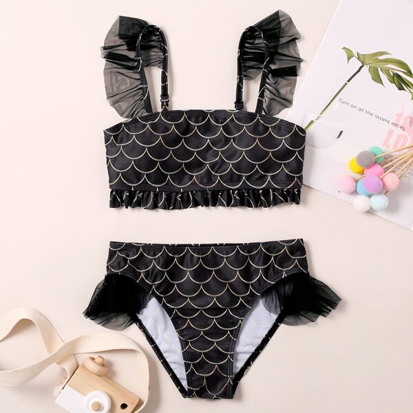 

Girls Fish Scale Print Ruffle Bikini Swimsuit, Black