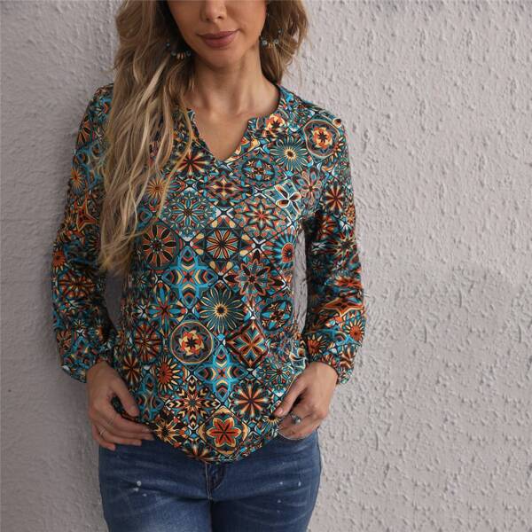 

Notch Neck Allover Floral Print Blouse, Multicolor