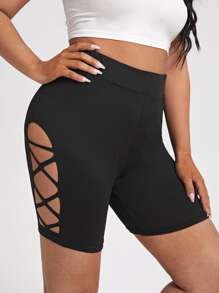 Plus Cut Out Criss Cross Side Cycling Shorts - Black - View 1