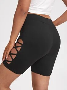 Plus Cut Out Criss Cross Side Cycling Shorts - Black - View 2