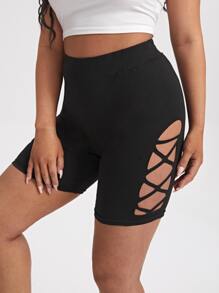 Plus Cut Out Criss Cross Side Cycling Shorts - Black - View 4