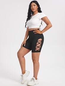 Plus Cut Out Criss Cross Side Cycling Shorts - Black - View 5