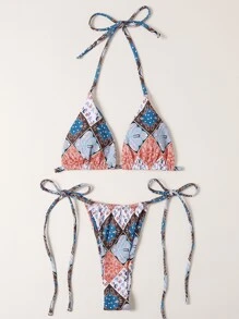 Patchwork Print Triangle Thong Bikini Set - Multicolor - View 1