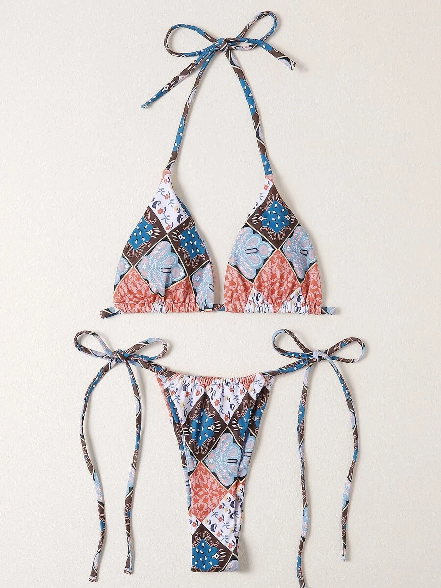 Patchwork Print Triangle Thong Bikini Set - Multicolor - View 1