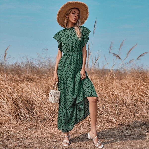 

Allover Print Frill Neck Dress, Dark green