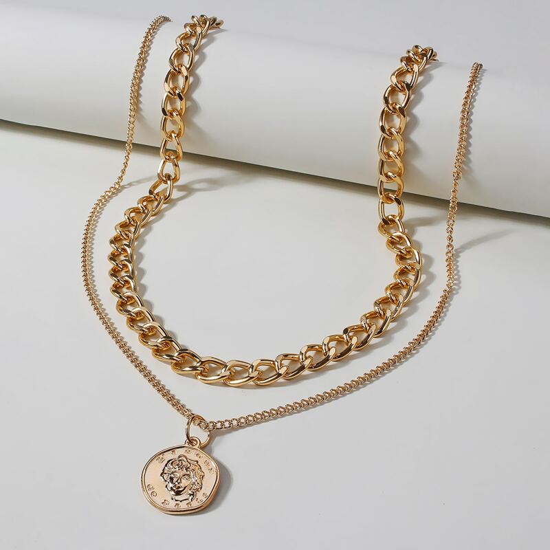

Coin Charm Layered Chain Necklace, Gold