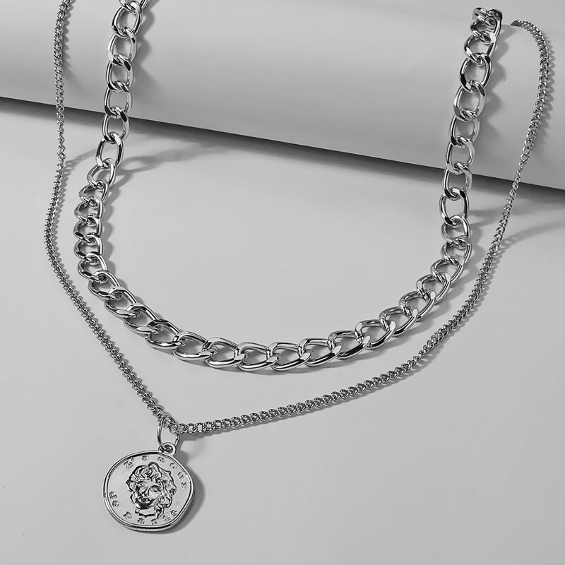 

Coin Charm Layered Chain Necklace, Silver