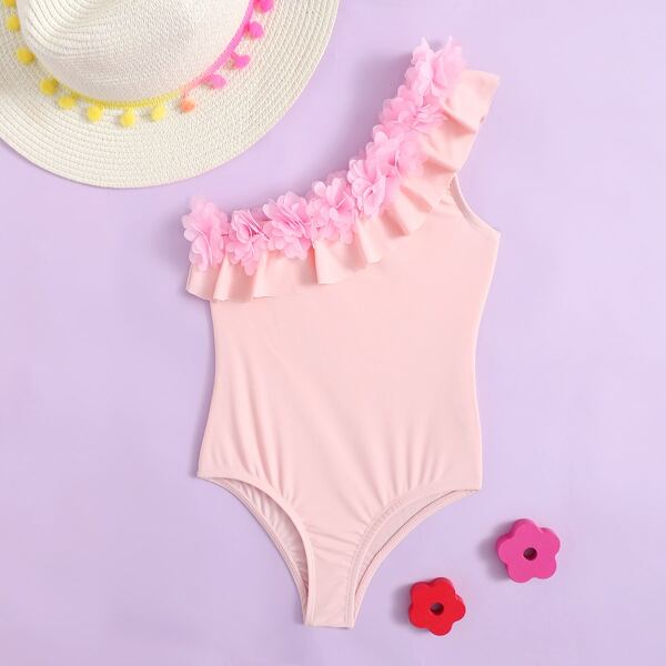

Toddler Girls Appliques One Shoulder One Piece Swimsuit, Pink