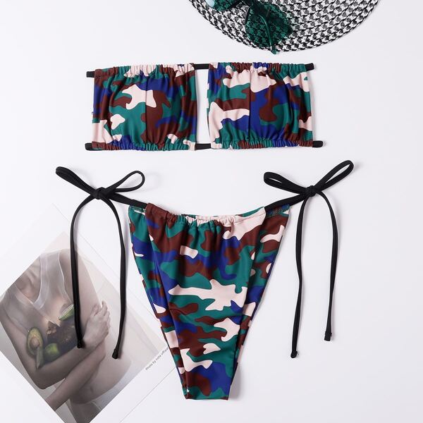 

Camo Pattern Bandeau Thong Bikini Swimsuit, Multicolor
