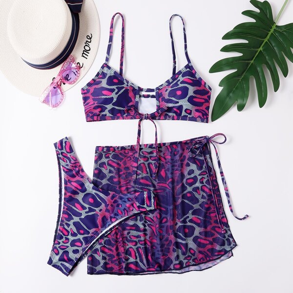 

Leopard Tie Front Bikini Swimsuit With Beach Skirt, Multicolor