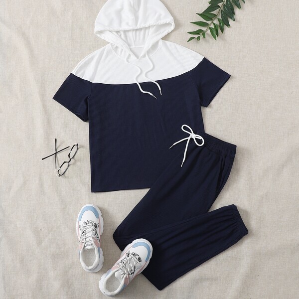 

Two Tone Drawstring Hoodie & Pants, Navy blue