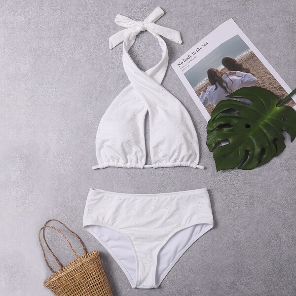 

Schiffy Cross Halter Bikini Swimsuit, White