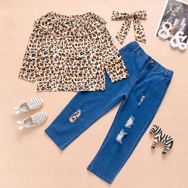 

Girls Leopard Top & Ripped Jeans & Headband, Multicolor
