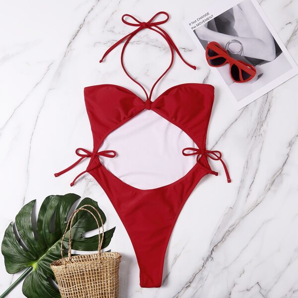 

Cut Out Halter Tie Side One Piece Swimsuit, Red
