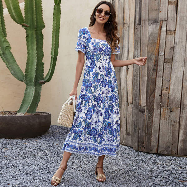 

Paisley And Floral Print Square Neck A-line Dress, Blue and white