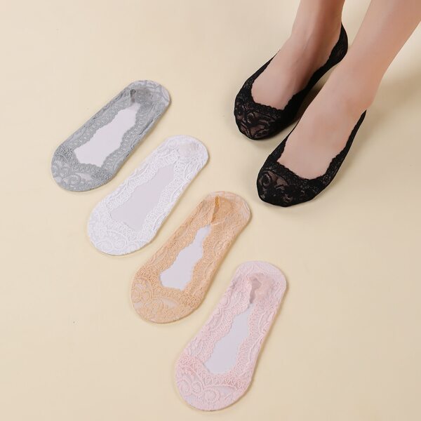 

5pairs Solid Lace Mesh Invisible Socks, Multicolor