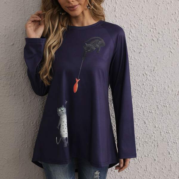 

Cat And Fish Print Raglan Sleeve High Low Hem Tee, Navy blue
