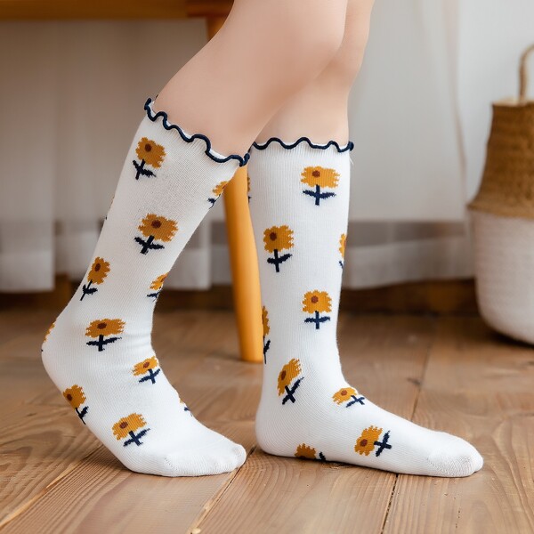

Toddler Girls Flower Print Socks, White