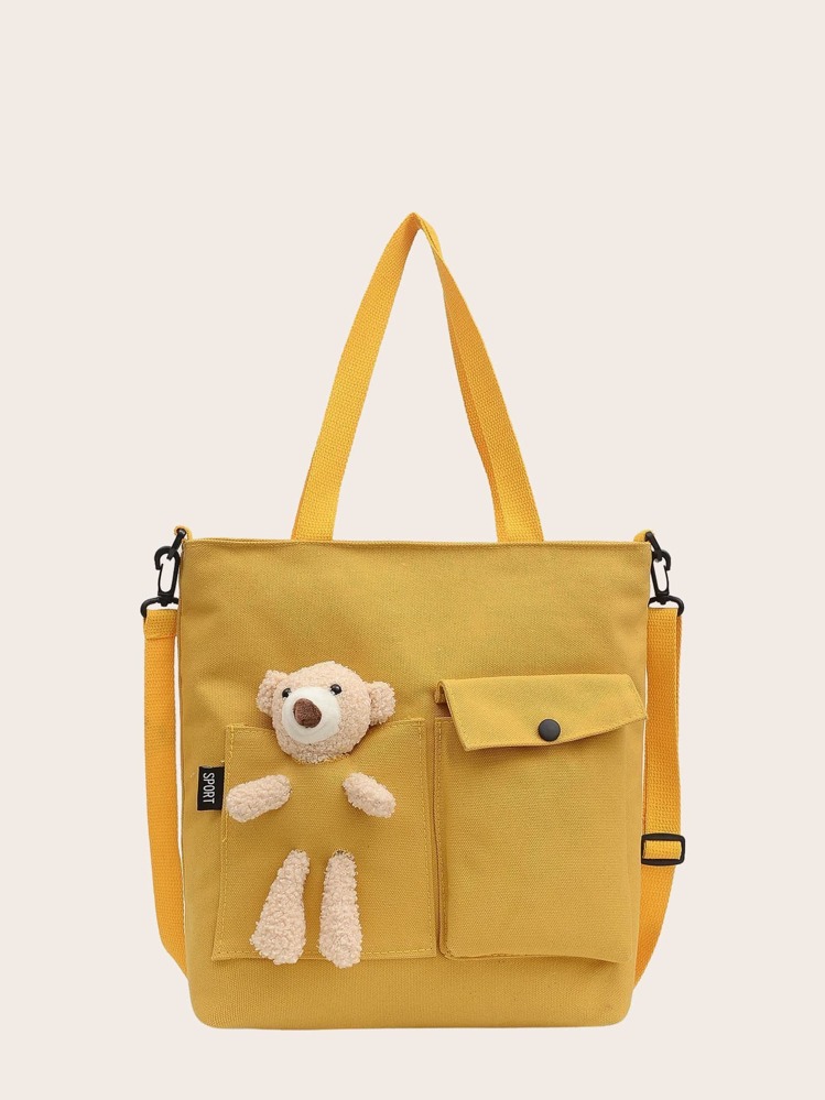Kids Plush Bear Decor Pocket Front Tote Bag - Yellow - View 1
