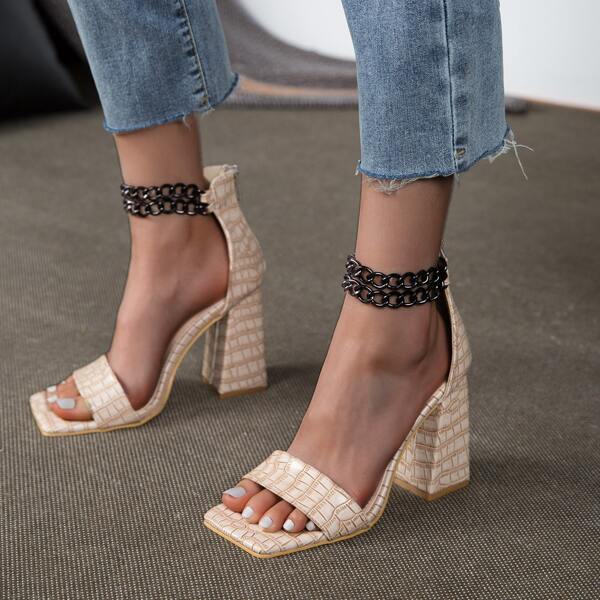 

Chain Decor Croc Embossed Chunky Sandals, Apricot