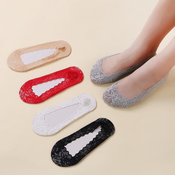 

5pairs Solid Lace Mesh Invisible Socks, Multicolor