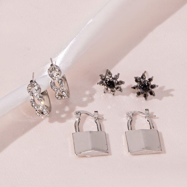 

3pairs Rhinestone & Lock Decor Earrings, Silver