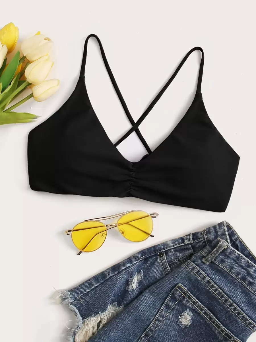 SHEIN Swim Summer Beach Ruched Tie Back Bikini Top - Black - View 1