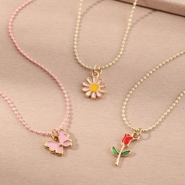 

3pcs Girls Butterfly Charm Necklace, Multicolor