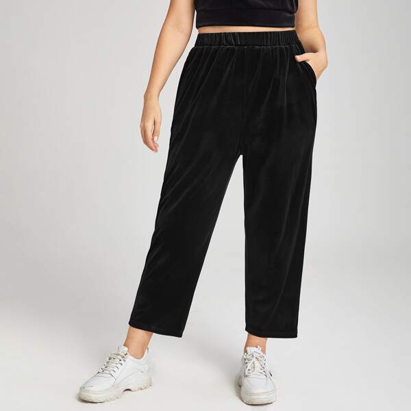 

Plus Velvet Slant Pocket Elastic Waist Pants, Black