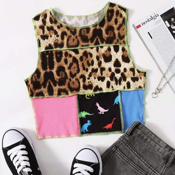 

Contrast Stitch Leopard Colorblock Crop Tank Top, Multicolor