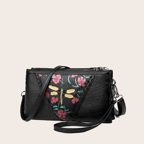 

Flower Pattern Crossbody Bag, Black