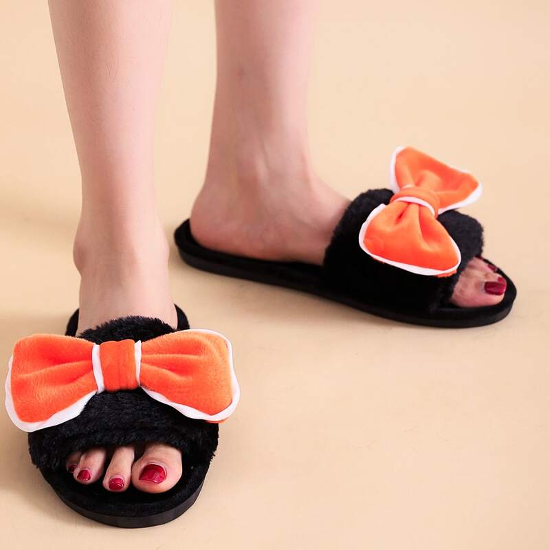 

Bow Decor Fluffy Slippers, Black