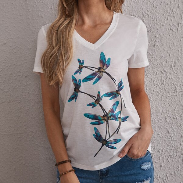 

Animal Print V Neck Tee, White