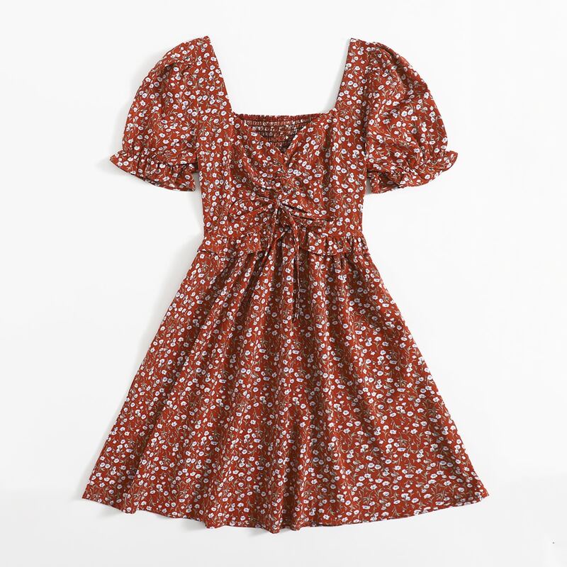 

Ditsy Floral Drawstring Dress, Redwood