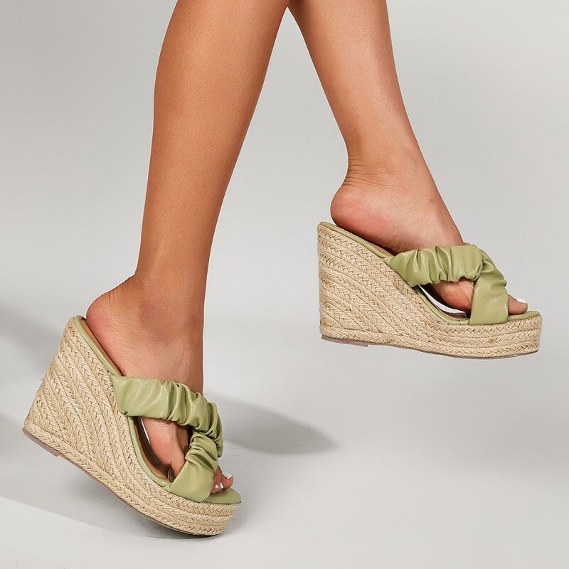 

Ruched Design Espadrille Wedge Mules, Green