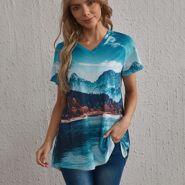

Mountain & Tree Print Longline Tee, Multicolor
