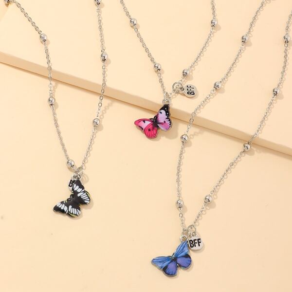 

3pcs Girls Butterfly Charm Necklace, Multicolor