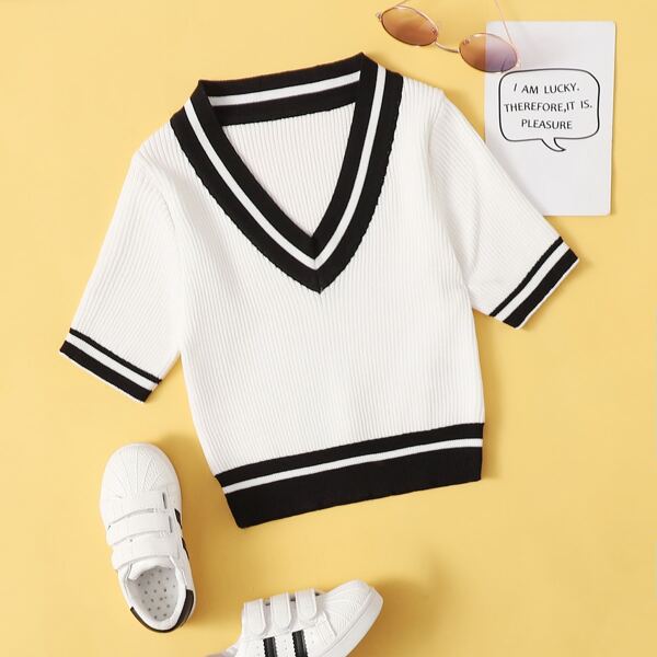 

Girls V-neck Striped Knit Top, White