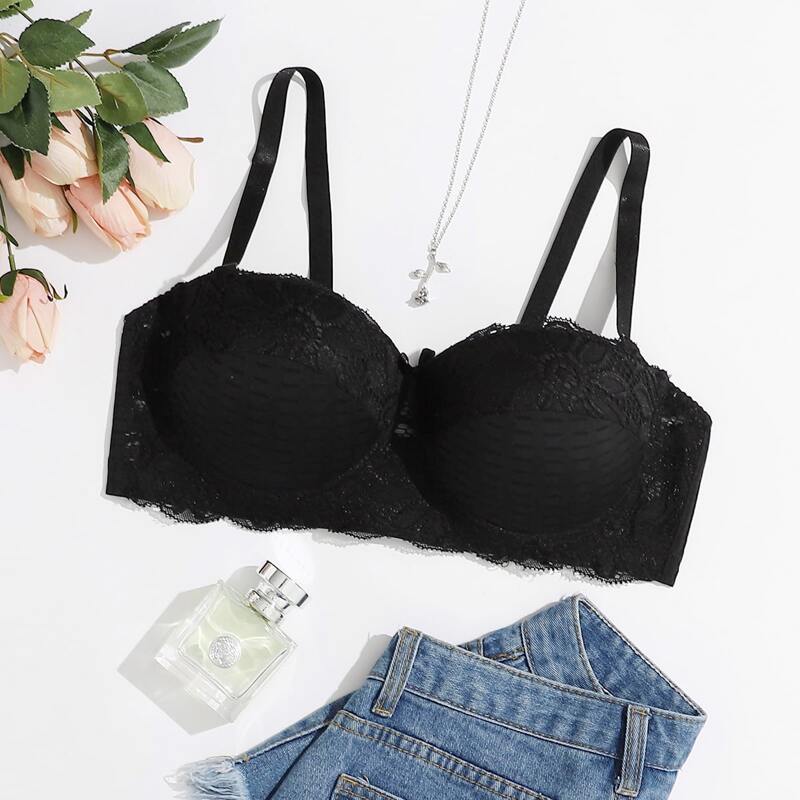 

Plus Lace Overlay Push Up Bra, Black