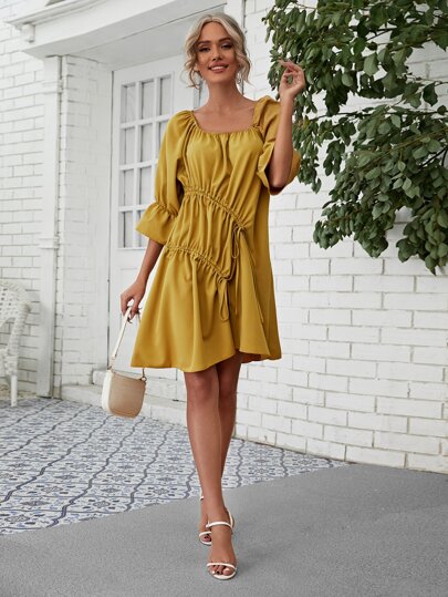 Drawstring Ruched Smock Dress