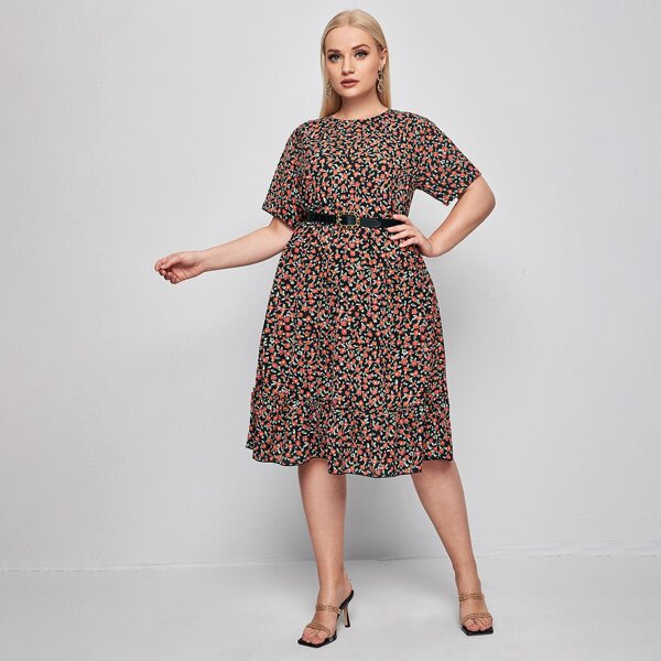 

Plus Ditsy Floral Ruffle Hem Dress Without Belt, Multicolor