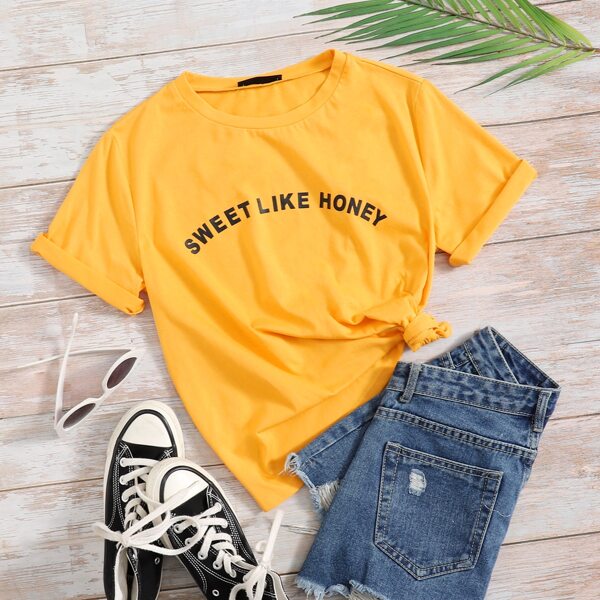 

Slogan Graphic Round Neck Tee, Mustard yellow