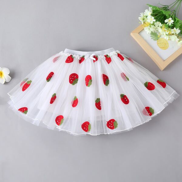 

Toddler Girls Strawberry Pattern Tulle Skirt, White