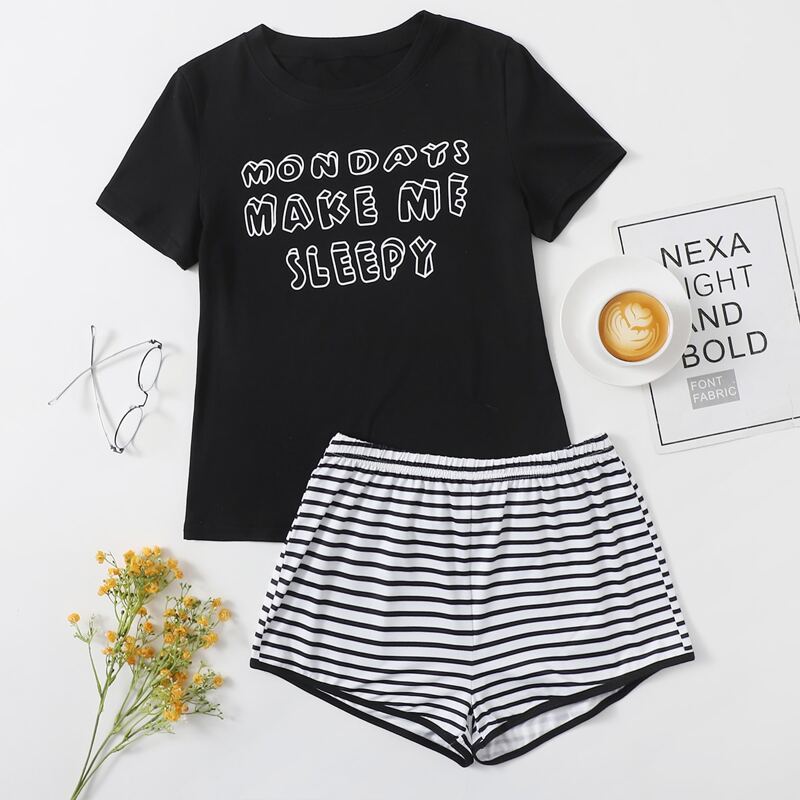 

Slogan Graphic Tee With Striped Shorts Pajama Set, Black and white