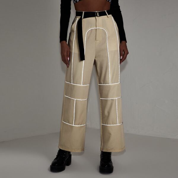 

Reflective Contrast Binding Belted Wide Leg Pants, Apricot